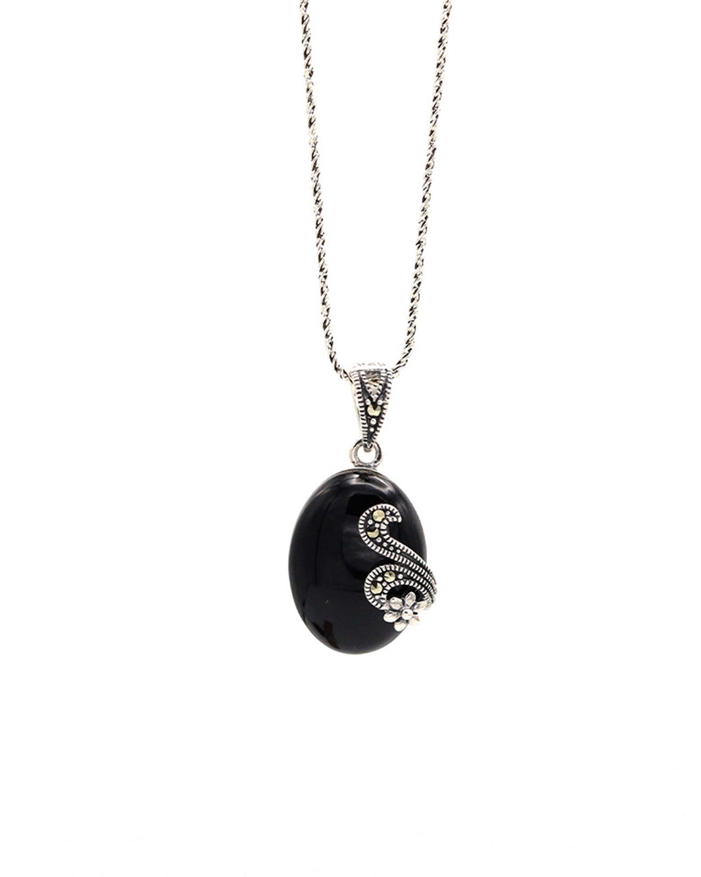 Authentic Silver Necklace With Onyx and Marcasite (NG201021156)
