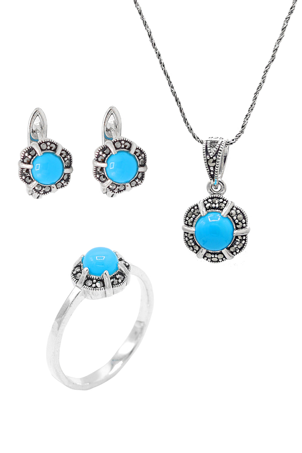 Floral Model Silver Triple Jewelry Set With Turquoise (NG201021921)