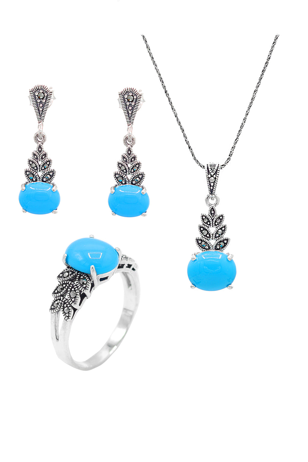 Leaf Model Silver Triple Jewelry Set With Turquoise (NG201021923)