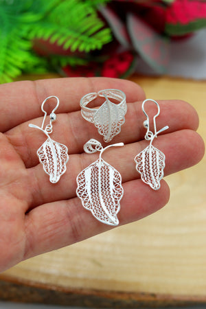 Leaf Model Handmade Filigree Silver Triple Jewelry Set (NG201022188)