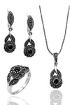 Floral Model Silver Triple Jewelry Set With Onyx (NG201022237)
