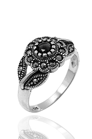 Floral Model Silver Triple Jewelry Set With Onyx (NG201022237)