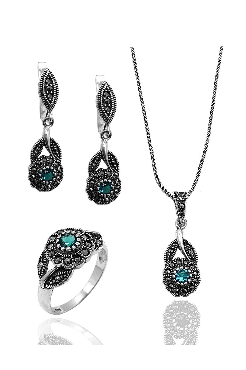 Floral Model Silver Triple Jewelry Set With Aquamarine (NG201022242)
