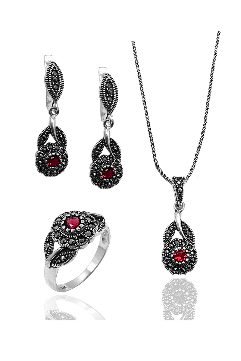 Floral Model Silver Triple Jewelry Set With Zircon (NG201022243)