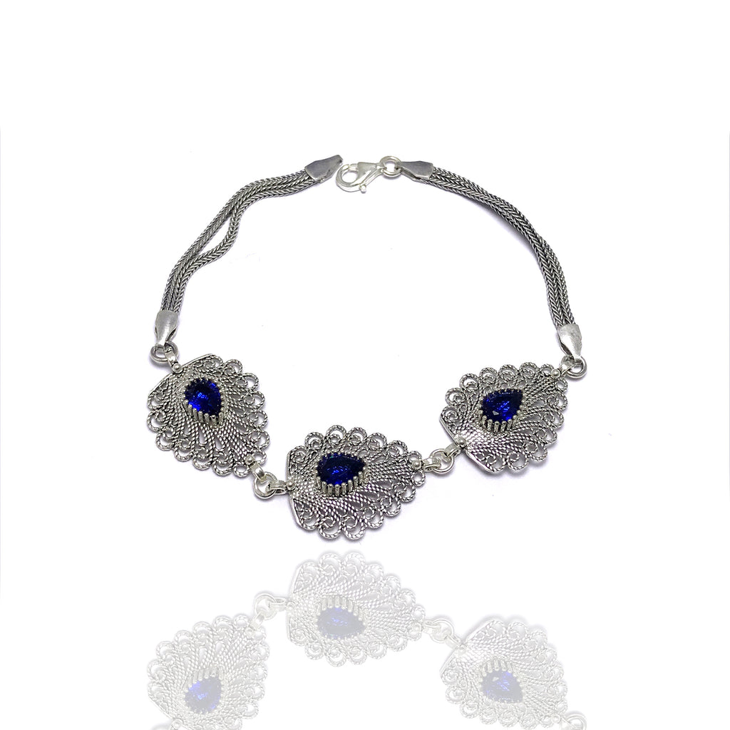 Drop Model Handmade Filigree Silver Bracelet With Sapphire (NG201014441)
