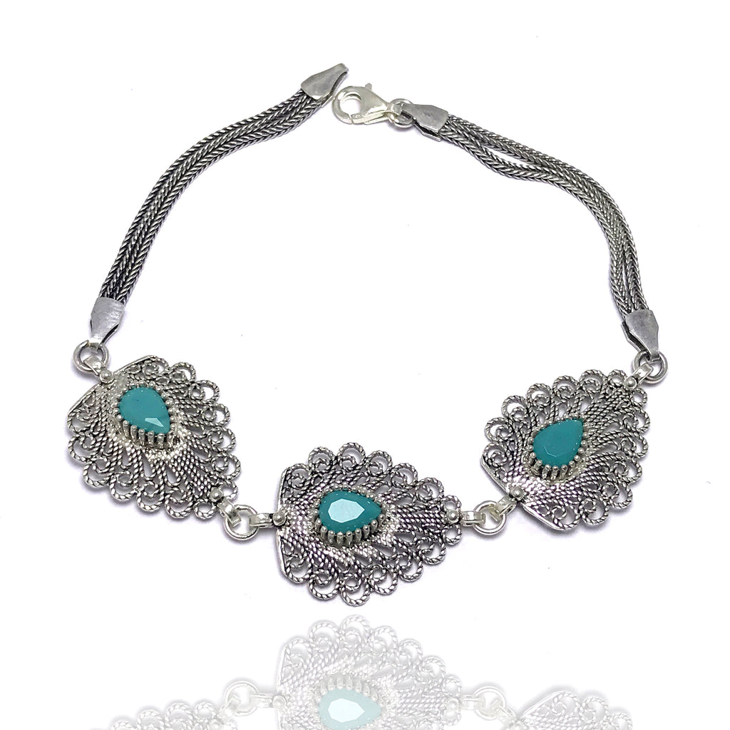 Drop Model Handmade Filigree Silver Bracelet With Turquoise (NG201014442)