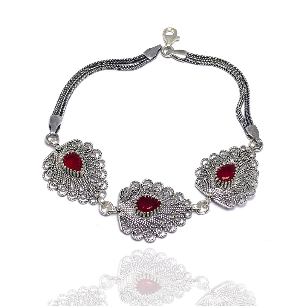 Drop Model Handmade Filigree Silver Bracelet With Ruby (NG201014444)