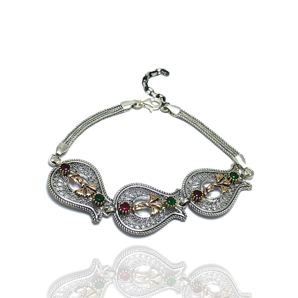 Tulip Model Filigree Silver Bracelet With Ruby and Emerald (NG201014813)