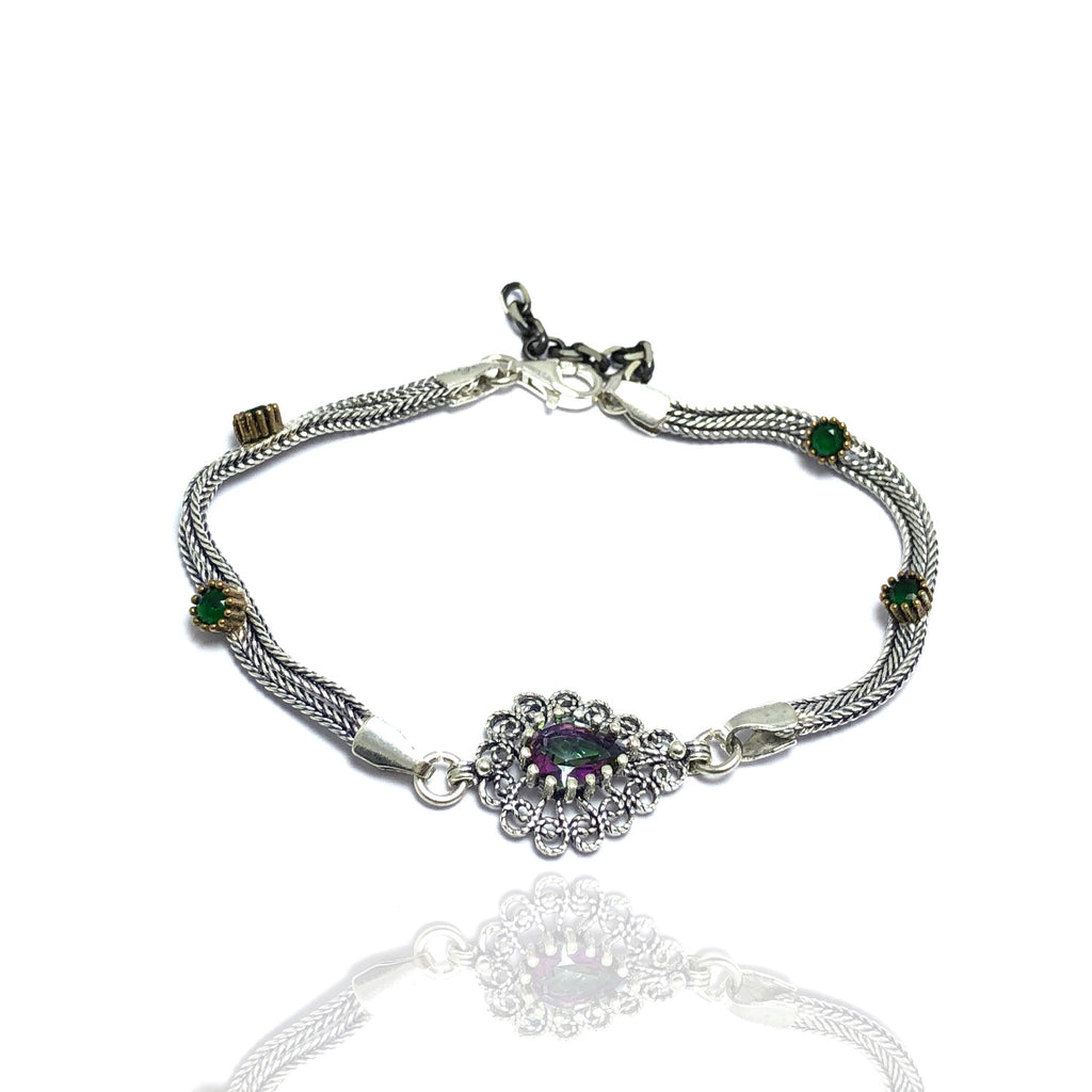 Drop Model Handmade Filigree Silver Bracelet With Topaz (NG201014817)