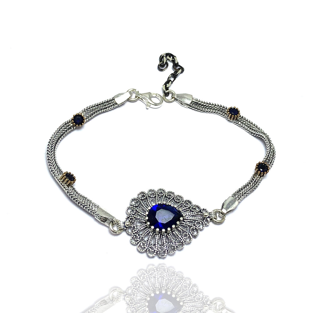 Drop Model Handmade Filigree Silver Bracelet With Sapphire (NG201014843)