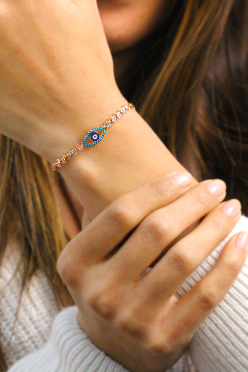 Rose Plated Evil Eye Model Silver Bracelet With Zircon (NG201015243)