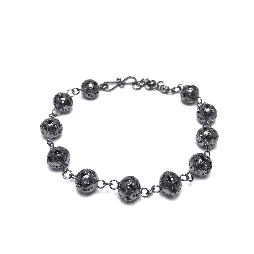 Ball Model Handmade Oxidized Filigree Silver Bracelet (NG201017232)
