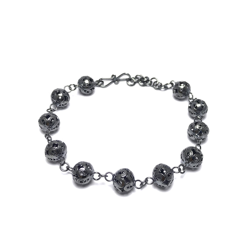 Ball Model Handmade Oxidized Filigree Silver Bracelet (NG201017232)