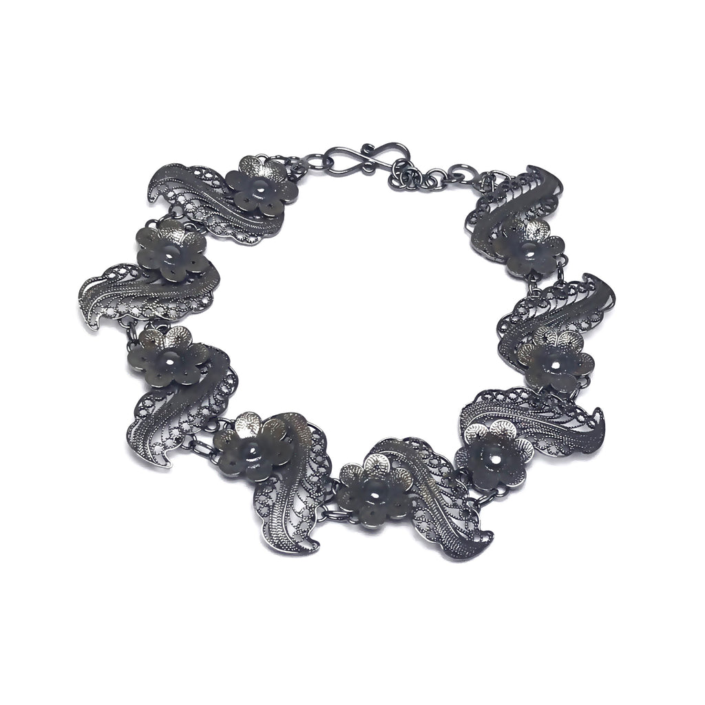 Floral Model Handmade Oxidized Filigree Silver Bracelet (NG201017243)