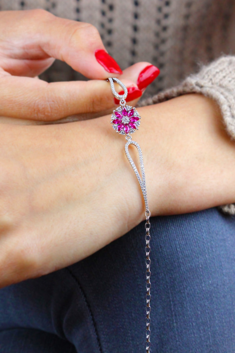 Floral Model Handmade Silver Bracelet With Ruby (NG201021209)