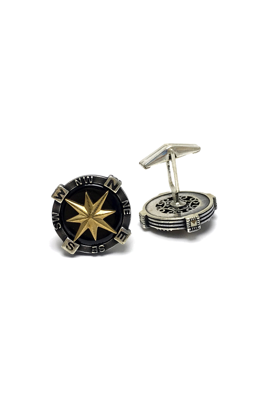 Handmade Compass Model Filigree Sterling Silver Cuff Links (NG201017633)