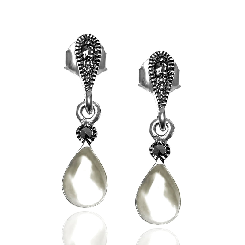 Drop Model Silver Earrings With Mother of Pearl and Marcasite (NG201012425)