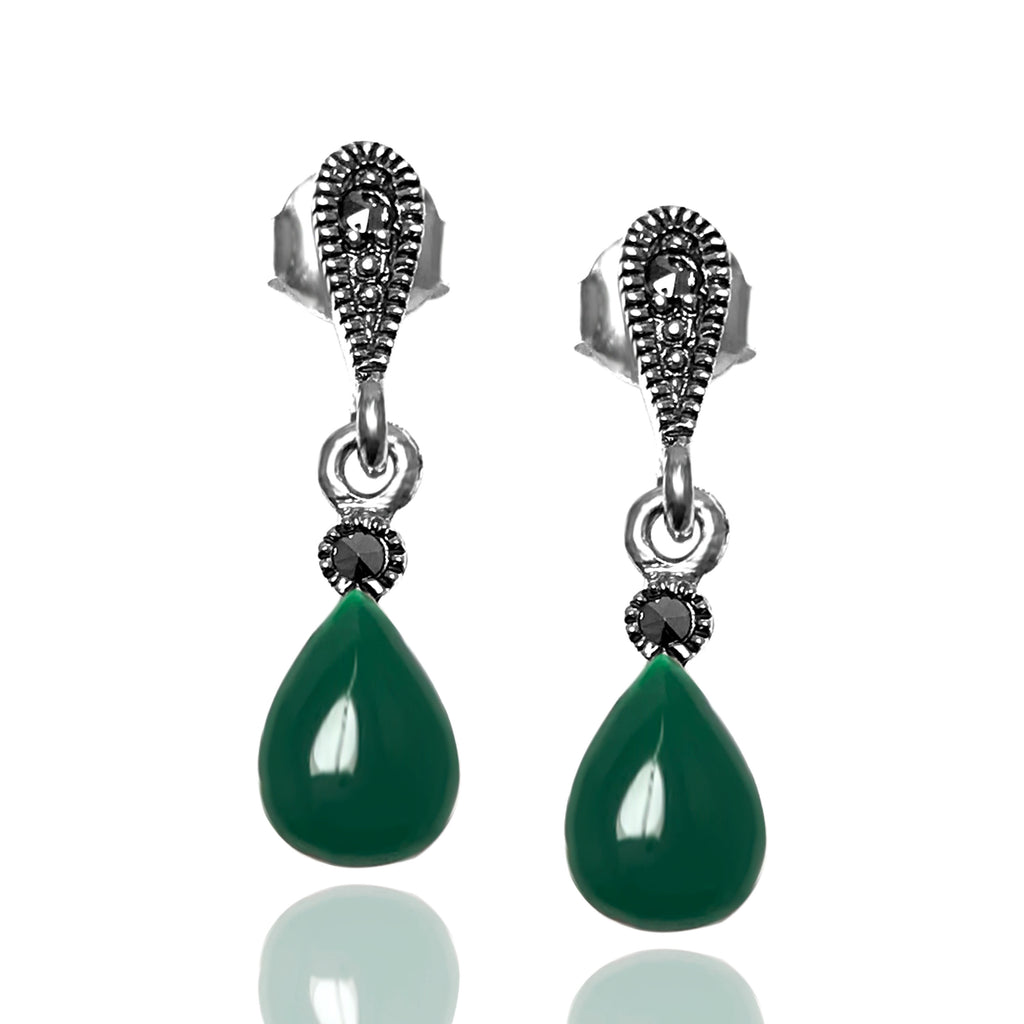 Drop Model Silver Earrings With Emerald and Marcasite (NG201012426)