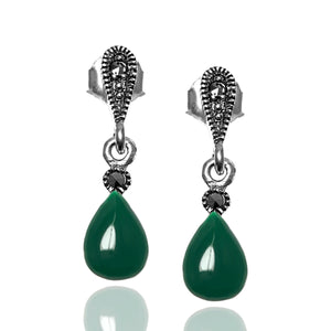 Drop Model Silver Earrings With Emerald and Marcasite (NG201012426)