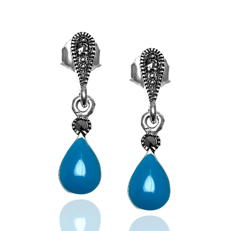 Drop Model Silver Earrings With Turquoise and Marcasite (NG201012427)