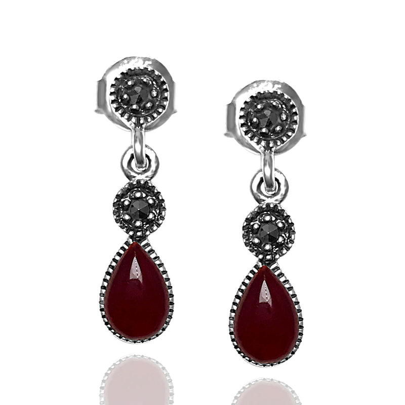 Drop Model Silver Earrings With Agate and Marcasite (NG201012429)
