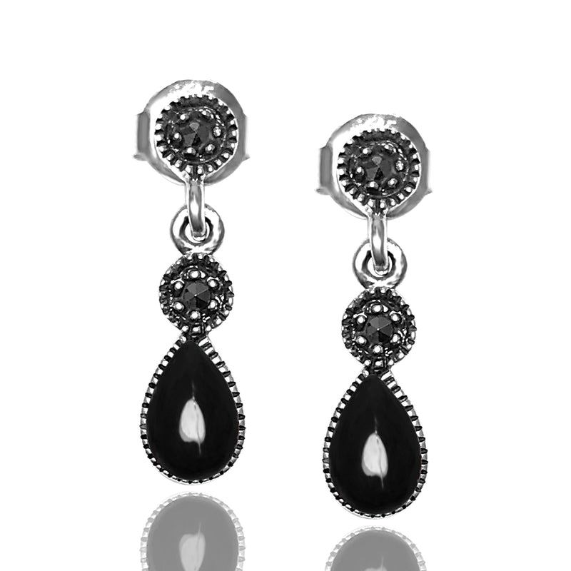 Drop Model Silver Earrings With Onyx and Marcasite (NG201012430)