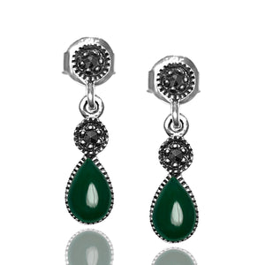 Drop Model Silver Earrings With Emerald and Marcasite (NG201012431)