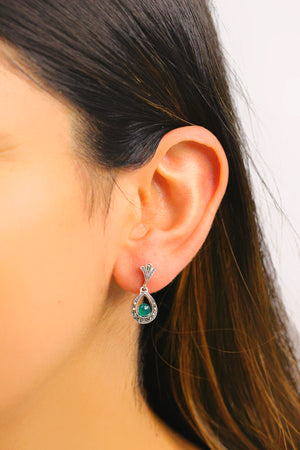 Ball Model Silver Earrings With Emerald and Marcasite (NG201012441)