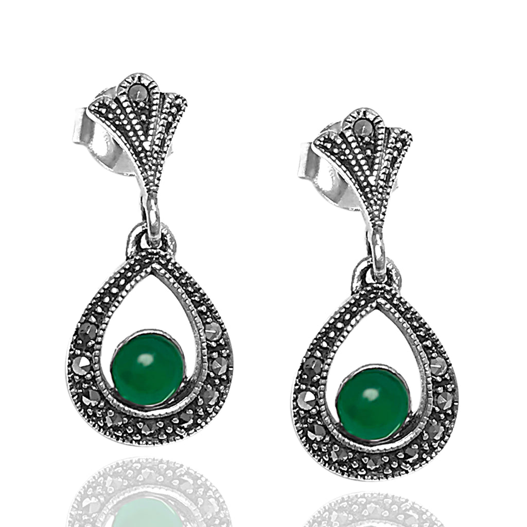 Ball Model Silver Earrings With Emerald and Marcasite (NG201012441)