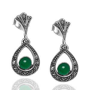 Ball Model Silver Earrings With Emerald and Marcasite (NG201012441)