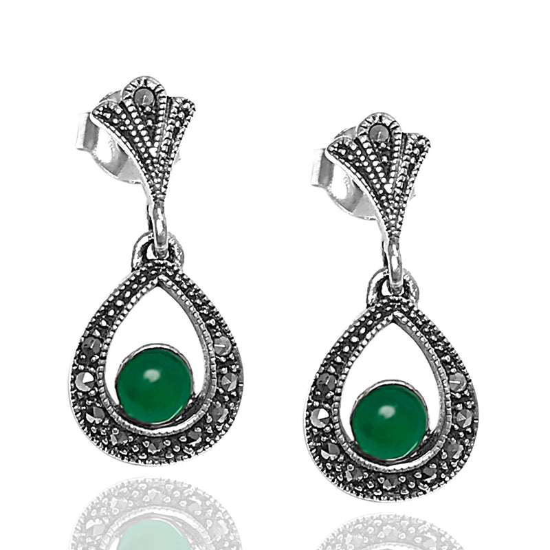 Ball Model Silver Earrings With Emerald and Marcasite (NG201012441)