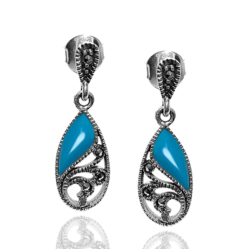 Drop Model Silver Earrings With Turquoise and Marcasite (NG201012445)