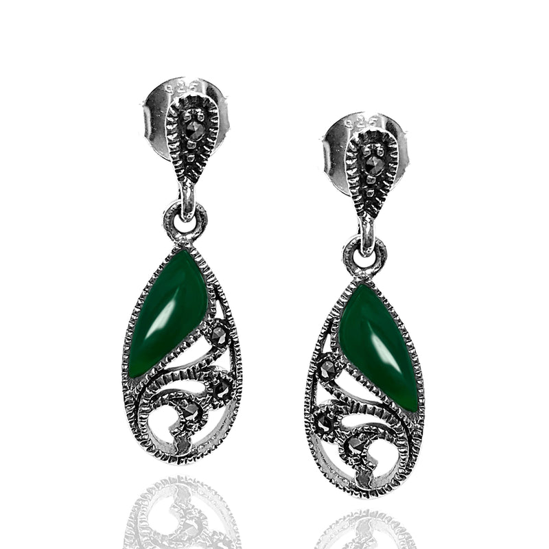 Drop Model Silver Earrings With Emerald and Marcasite (NG201012446)