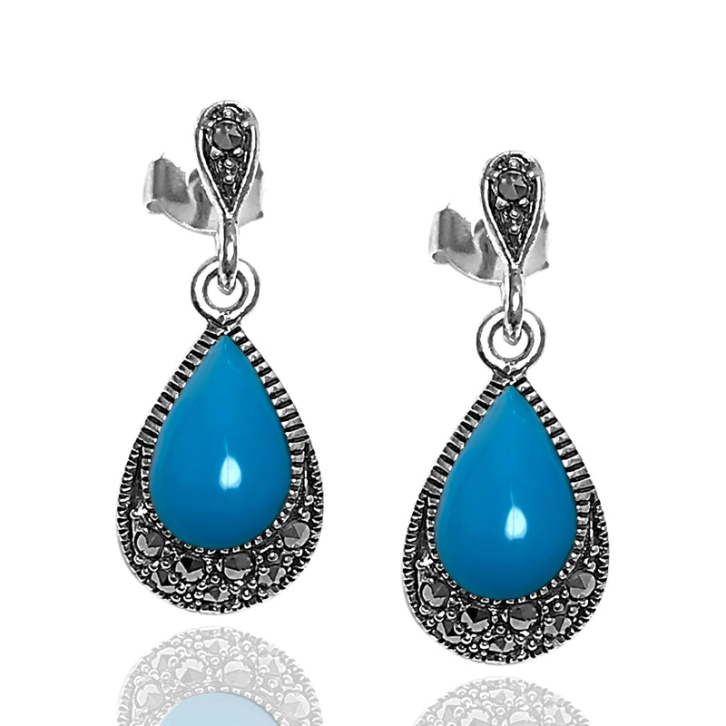 Drop Model Silver Earrings With Turquoise and Marcasite (NG201012455)