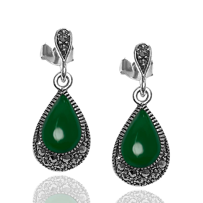 Drop Model Silver Earrings With Emerald and Marcasite (NG201012456)