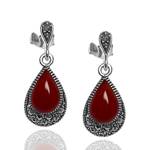 Drop Model Silver Earrings With Agate and Marcasite (NG201012458)