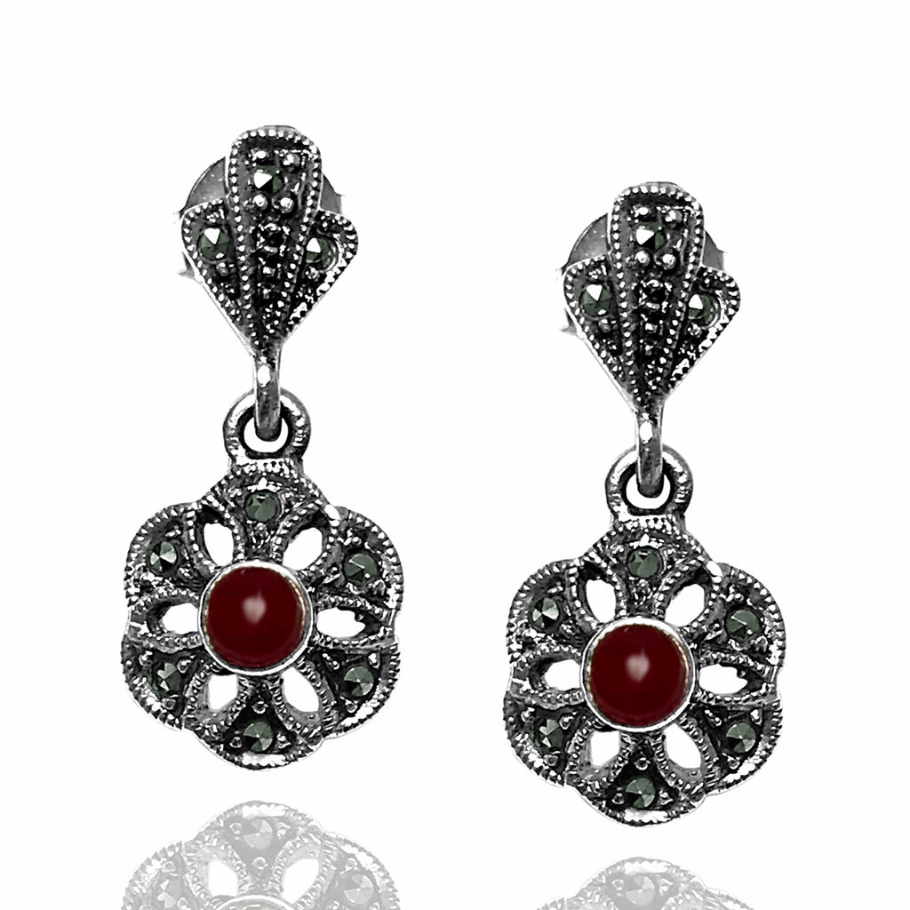 Floral Model Silver Earrings With Agate and Marcasite (NG201012459)