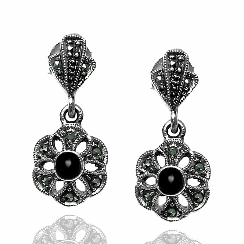 Floral Model Silver Earrings With Onyx and Marcasite (NG201012460)