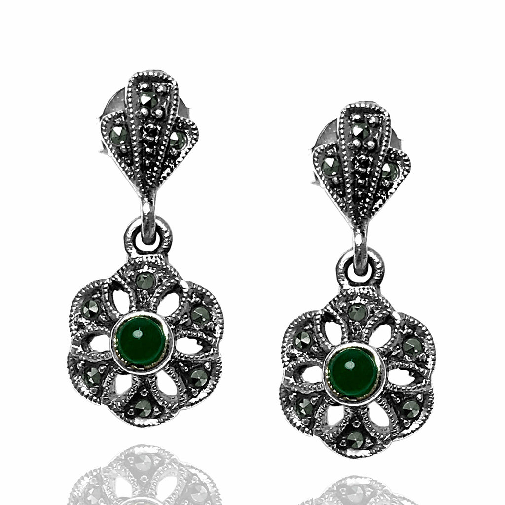 Floral Model Silver Earrings With Emerald and Marcasite (NG201012461)