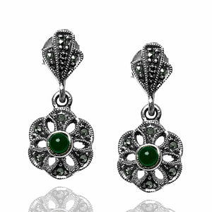 Floral Model Silver Earrings With Emerald and Marcasite (NG201012461)