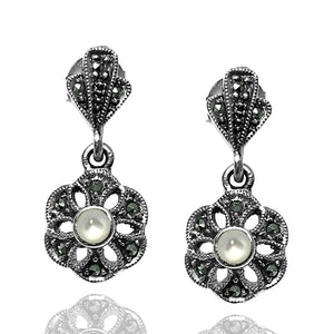 Floral Model Silver Earrings With Mother of Pearl and Marcasite (NG201012462)