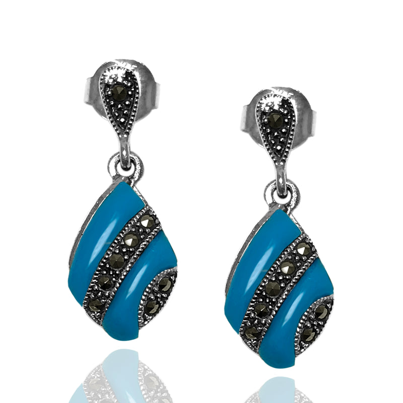 Square Model Silver Earrings With Turquoise and Marcasite (NG201012467)