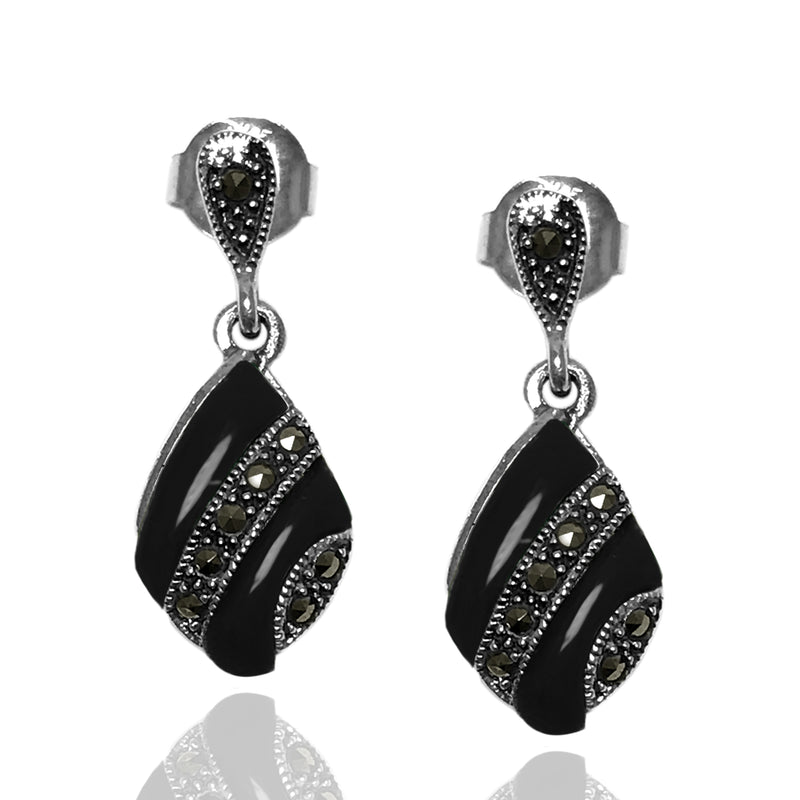 Square Model Silver Earrings With Onyx and Marcasite (NG201012468)