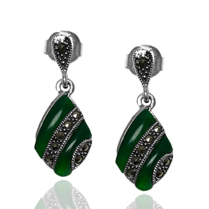 Square Model Silver Earrings With Emerald and Marcasite (NG201012469)