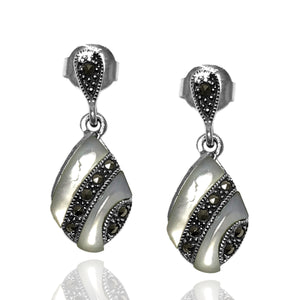 Square Model Silver Earrings With Mother of Pearl and Marcasite (NG201012470)
