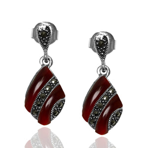 Square Model Silver Earrings With Agate and Marcasite (NG201012471)