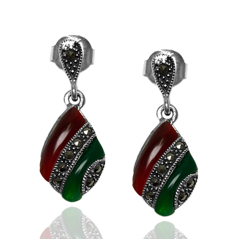 Square Model Silver Earrings With Agate, Emerald and Marcasite (NG201012472)