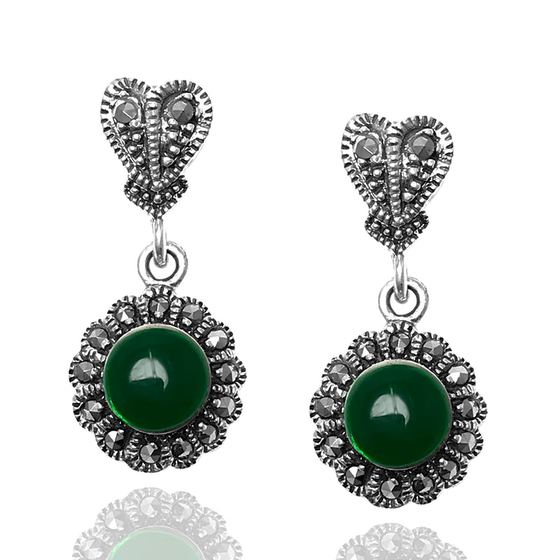 Floral Model Silver Earrings With Emerald and Marcasite (NG201012473)