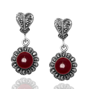 Floral Model Silver Earrings With Agate and Marcasite (NG201012474)