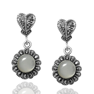 Floral Model Silver Earrings With Mother of Pearl and Marcasite (NG201012476)